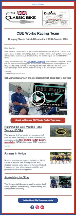 Classic Bike Experience's latest newsletter